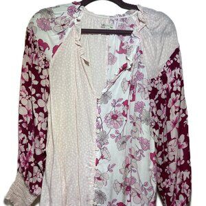 Cato Women's Pink & White Floral V-Neck Long Ruffle Sleeve Tiered-Flare S 14/16